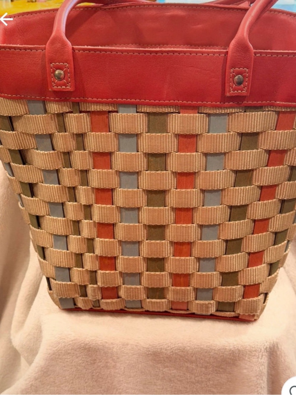 Longaberger Large Woven Market Tote Bag Rose Leather Trim Floral Lining USA